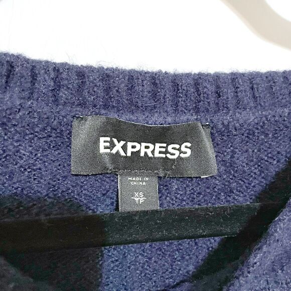Express Chevron Beaded Blouson Long Puff Sleeve Navy Blue Sweater XS - Picture 3 of 5